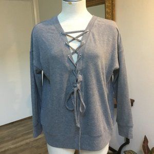 BB DAKOTA Long Sleeve Sweater Top Lace Up Front Pullover Very Soft Grey S